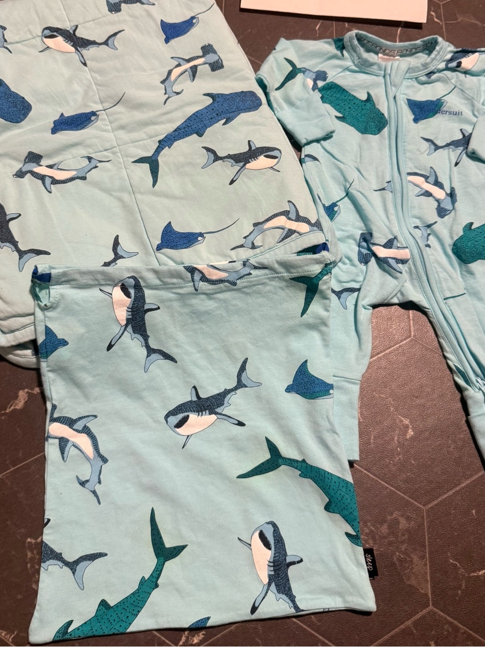 Bonds Blanket and Footie Set Light Aqua Shark-Print Zip One-Piece